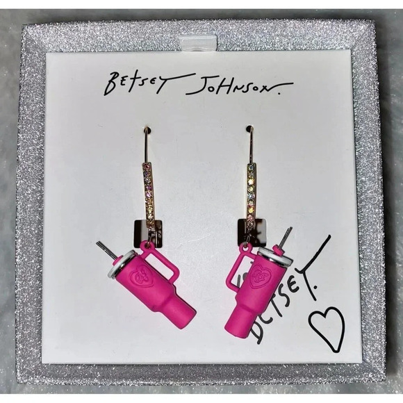 Betsey Johnson Pink Stanley Cup Rhinestone Dangle Drop Earrings New In Gift Box - Picture 5 of 5